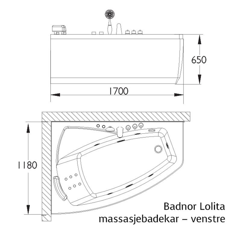 Badnor Lolita massasjebadekar 170x118cm, Venstre