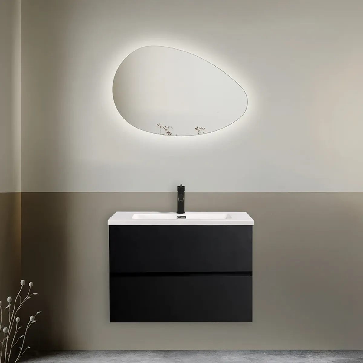 Badnor Melanie SORT 75cm - hvit servant (0106) Lucy speil m/lys