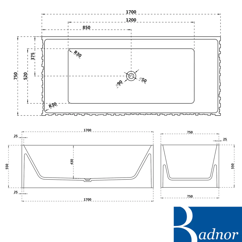 Badnor KStone Hermance Top Solid designbadekar, HVIT MATT, 170cm