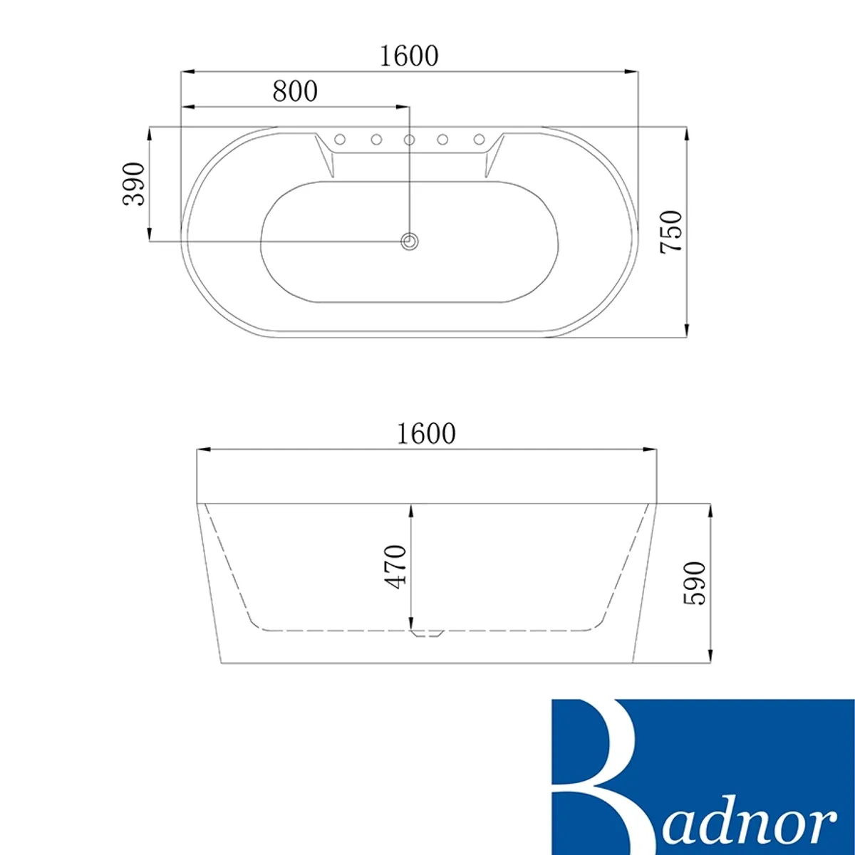 Badnor Emilia frittstående badekar m/bla.batt. - 160cm