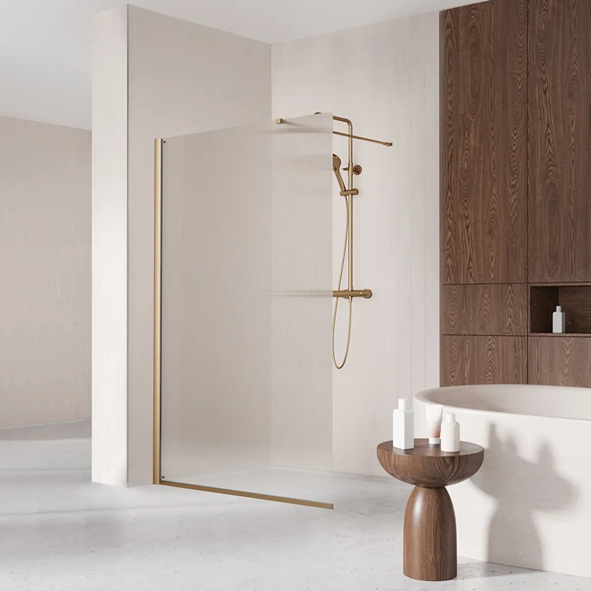 Badnor Shildon dusjvegg/walk-in hjørne - BØRSTET KOBBER - FLUTED glassfelt - 125cm - Badnor.no