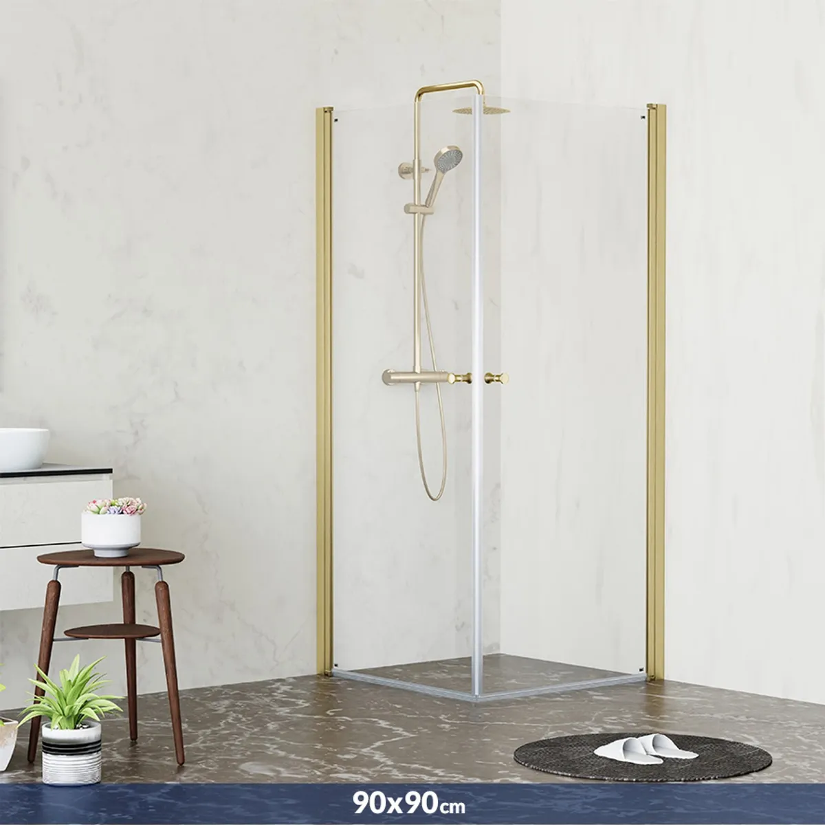Badnor Grays dusjhjørne (rett) 90x90cm, BØRSTET GULL, klart glass 