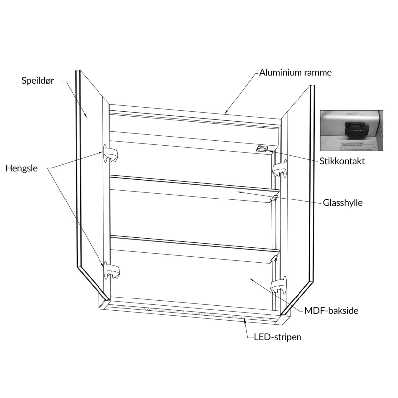 Badnor Leah speilskap (90cm), sort, m/stikkontakt og LED-lys