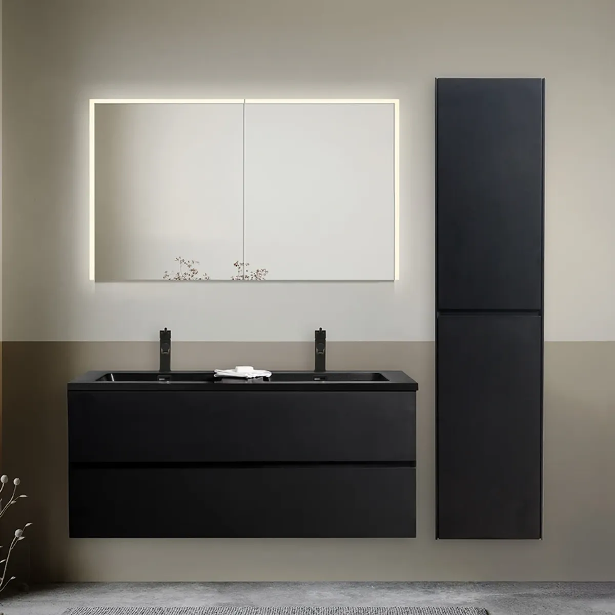 Badnor Melanie SORT 120+40cm - dobbel sort servant (0313) Linnie speilskap