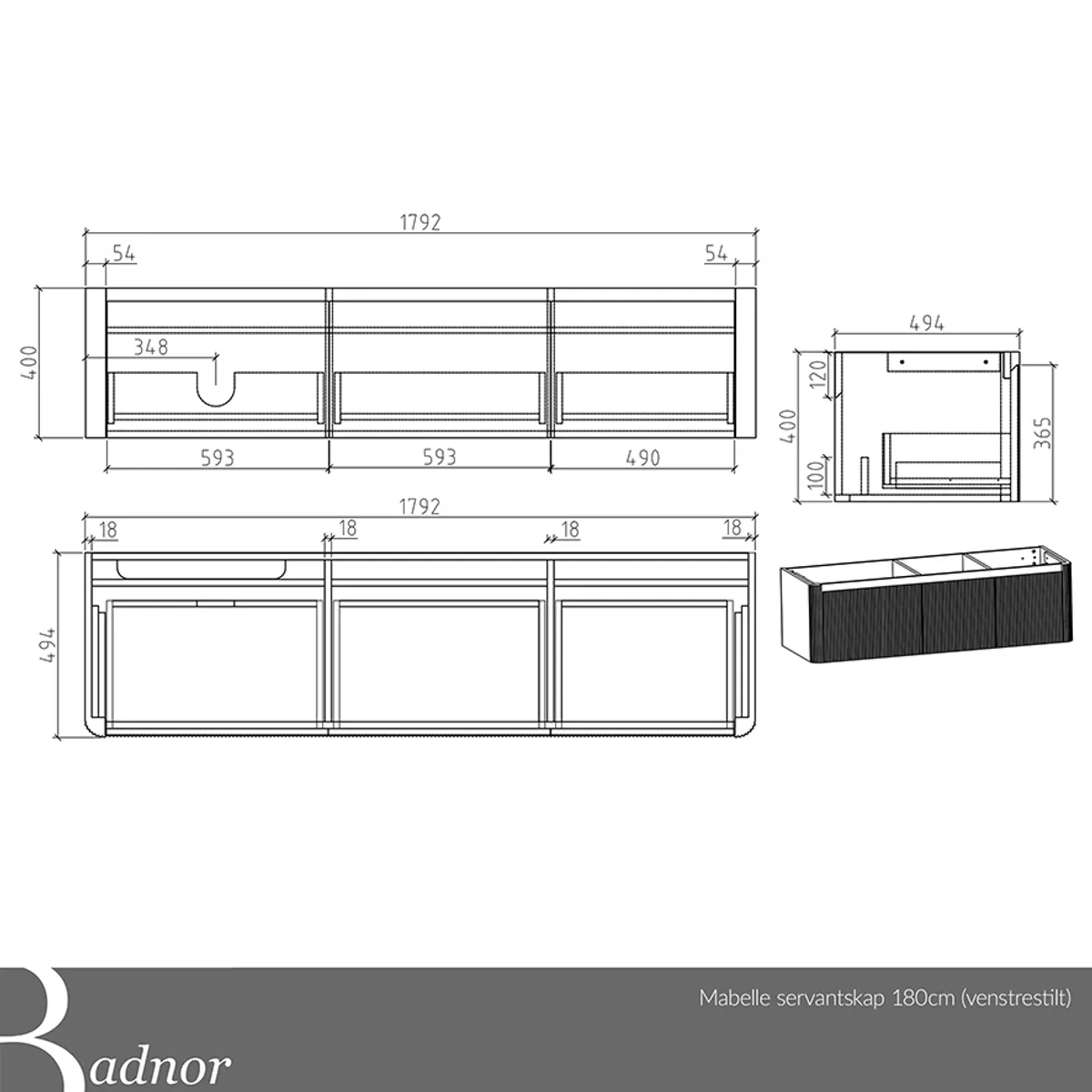 Badnor Mabelle 180cm (VENSTRE) mbl.pk (9902) Leonora speil