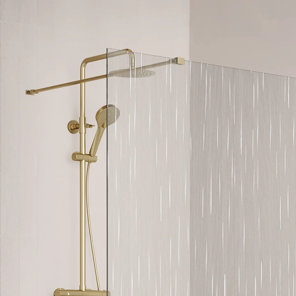 Badnor Shildon dusjvegg/walk-in hjørne - BØRSTET GULL - WHITE STRING glassfelt - 125cm