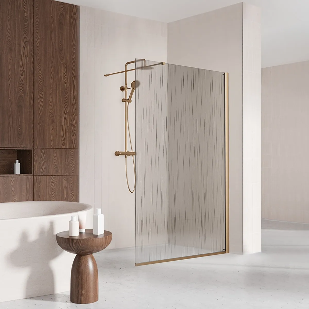 Badnor Shildon dusjvegg/walk-in hjørne - BØRSTET KOBBER - TINTED HARMONY glassfelt - 125cm